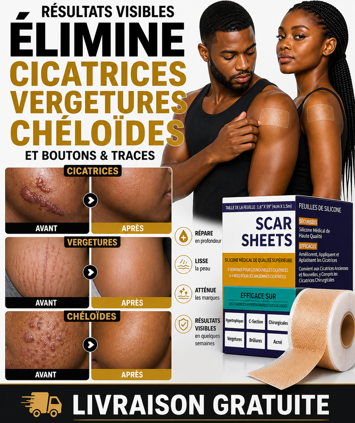 Patch en silliconne éliminant les cicatrice (ancienne recente) , cheloïde, vergetures résultats rapide livraison gratuite partout