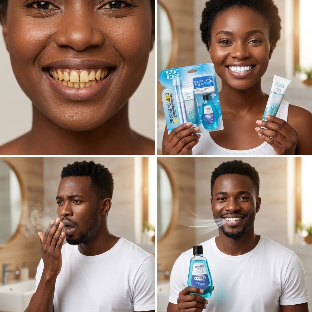 Kit Dentaire Complet – Dites Adieu aux Dents Jaunes et à la Mauvaise Haleine ! haleine composé de 2 brosse a dents ,bain de bouche,dentifrice et une boîte de fil dentaire