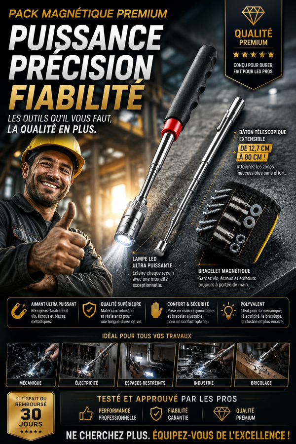 boutique

👉 Pack Magnétique Professionnel 3-en-1 Bracelet Magnétique et Bâton Télescopique aimanté LED ⭐⭐⭐⭐⭐ 4.9 / 5 2639 avis vérifiés