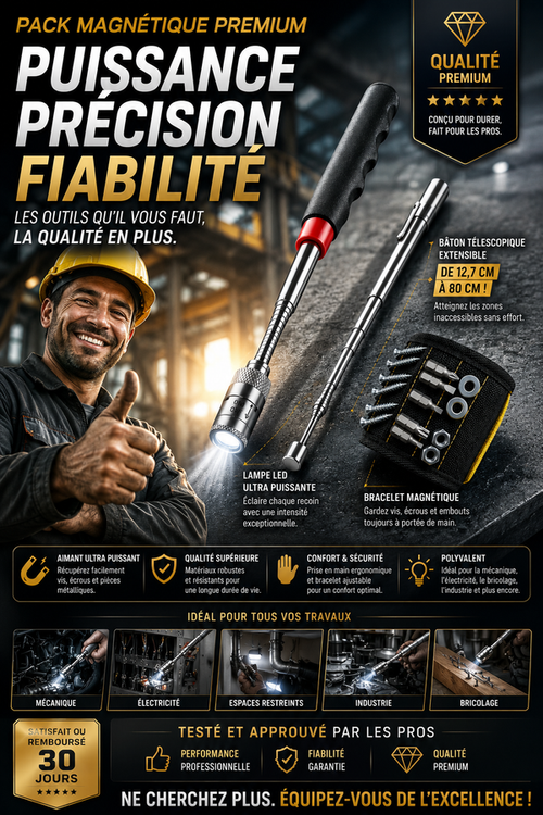 boutique

👉 Pack Magnétique Professionnel 3-en-1 Bracelet Magnétique et Bâton Télescopique aimanté LED ⭐⭐⭐⭐⭐ 4.9 / 5 2639 avis vérifiés