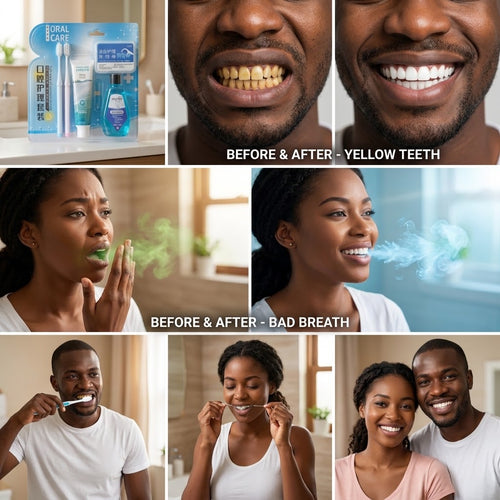 Kit Dentaire Complet – Dites Adieu aux Dents Jaunes et à la Mauvaise Haleine ! haleine composé de 2 brosse a dents ,bain de bouche,dentifrice et une boîte de fil dentaire