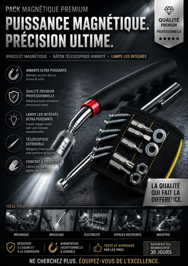 boutique

👉 Pack Magnétique Professionnel 3-en-1 Bracelet Magnétique et Bâton Télescopique aimanté LED ⭐⭐⭐⭐⭐ 4.9 / 5 2639 avis vérifiés